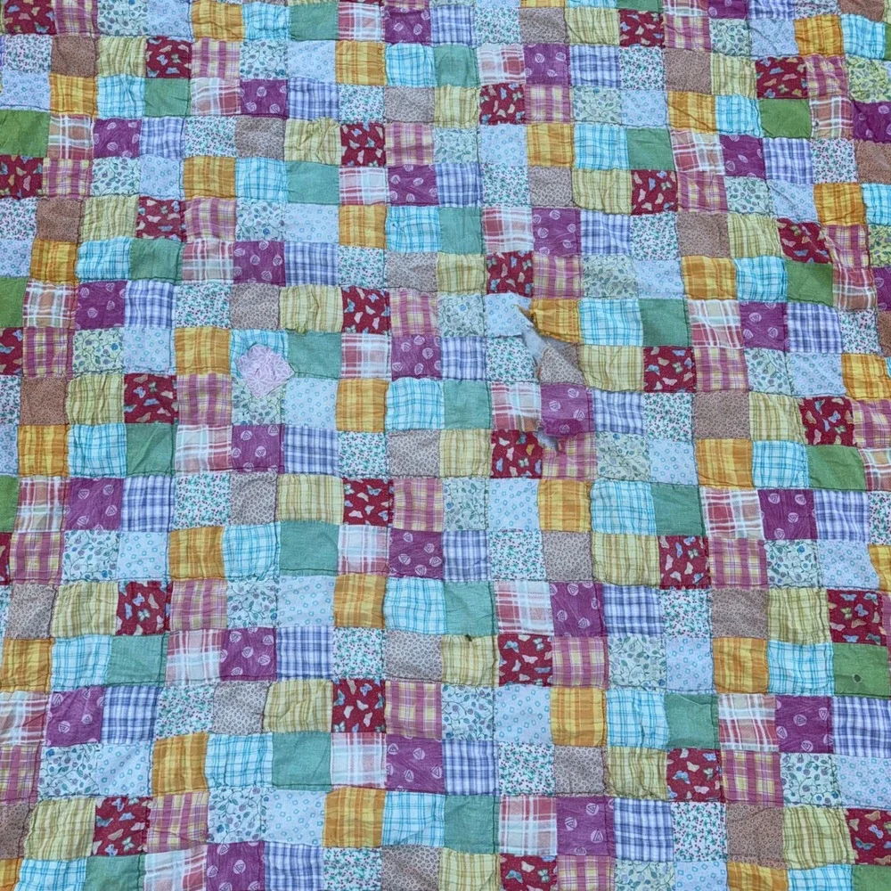 Vintage Handmade Patchwork Puff Quilt 65x76 Cottage Floral Plaid Cutter Quilt